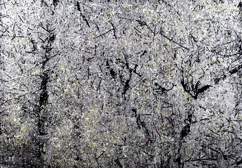 Leslie Parke and her painting Tree in Twilight, oil, enamel and metallic paint on canvas, 67 by 96 inches