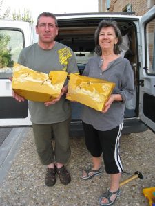 Paula Roland with the beekeeper who supplied wax for her encaustic paintings