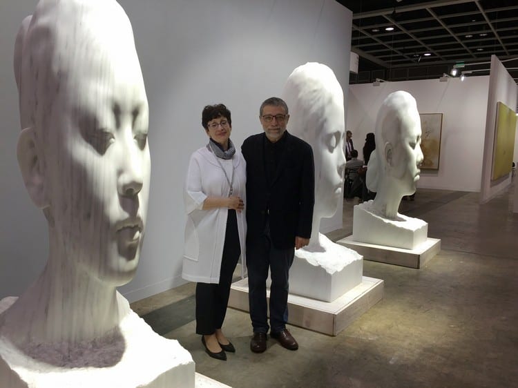 Artist Jaume Plensa, who made a special group of sculptures for the Galerie Lelong Booth in Hong Kong, with vice president Mary Sabbatino.
