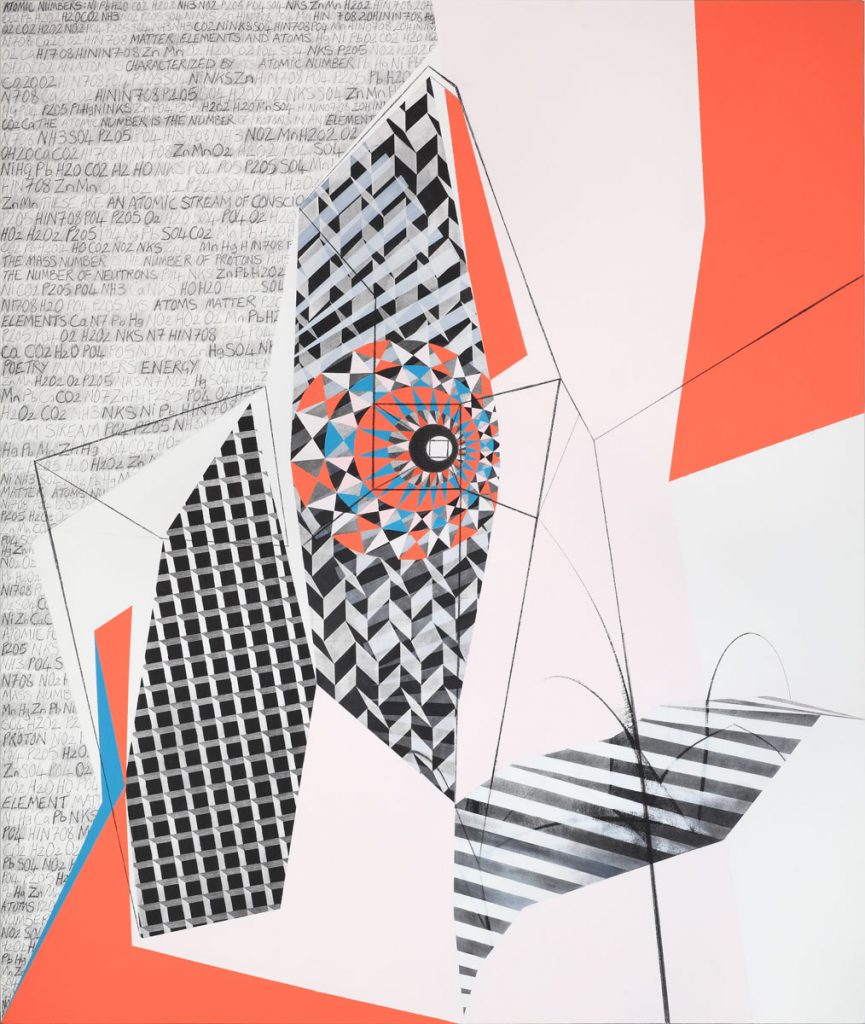 Molecular Cityscape (2016), diptych, mixed media on canvas, 72 by 60 inches