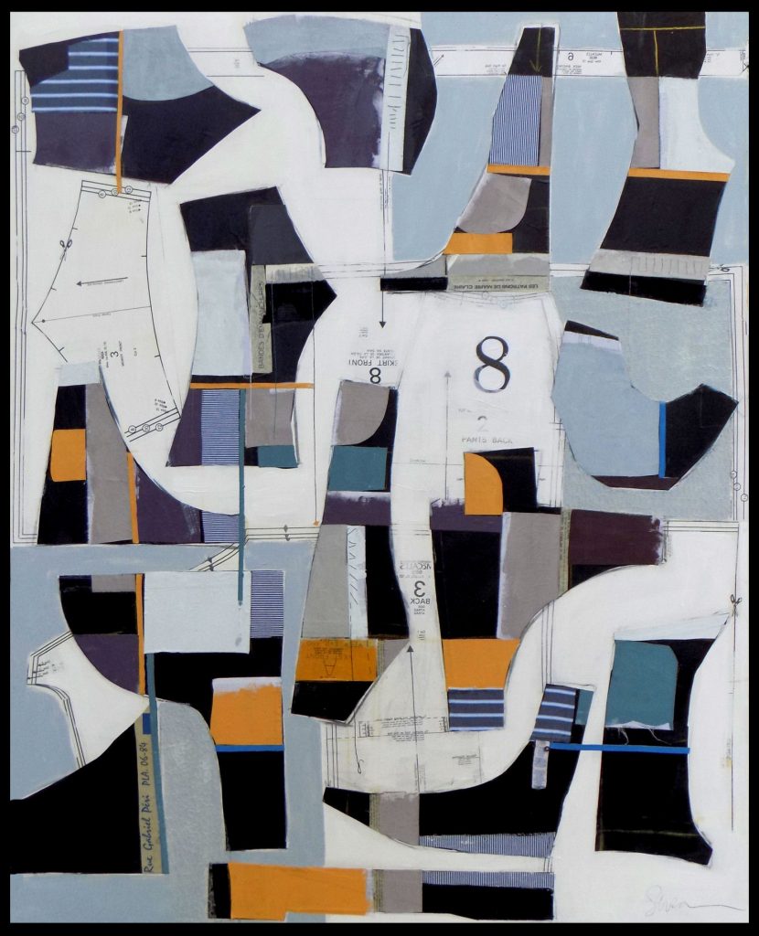 Susan Washington, Deconstructed No. 8 (2016), acrylic, vintage dress patterns, and textiles on canvas, 5 by 4 feet