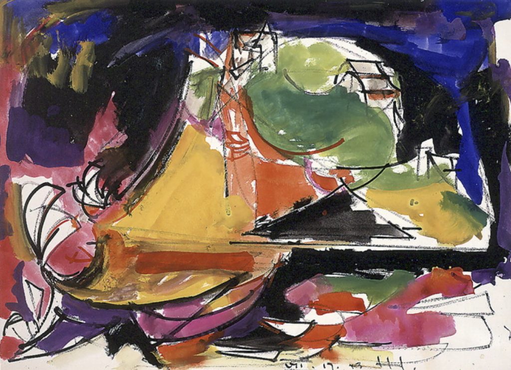 Hans Hofmann, Storm--Haus [sic] on the Hill (1943), gouache on paper, 18 by 24 inches. Private collection.