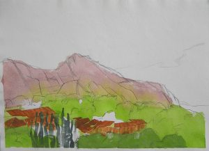Dudley Zopp, El Bruc (2011),watercolor on handmade paper, 12.5 by 17 inches