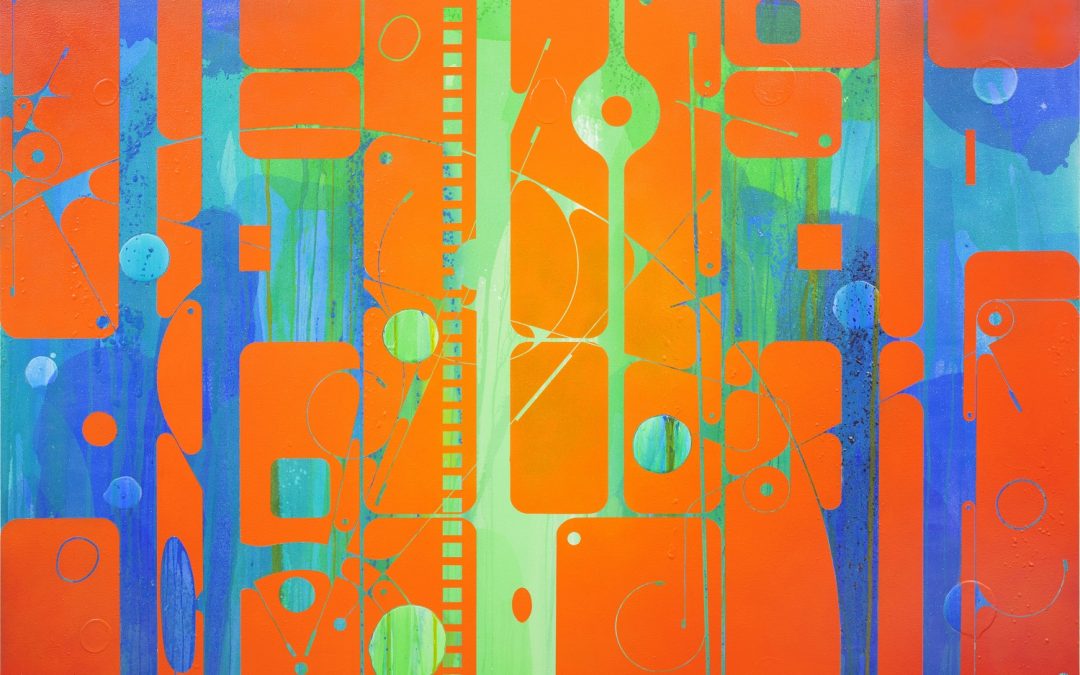 Bubble Forge (2017), acrylic on canvas over panel, 48 by 48 by 3 inches