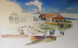 Patricia Moss-Vreeland, Fading Farm (2017), acrylic and oil on canvas, 30 by 40 inches.
