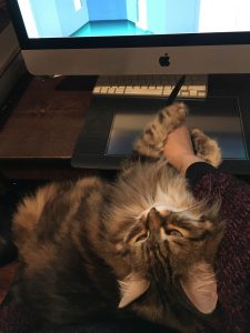 Aki is learning some of the fundamentals of computer animation from his mistress, Marina Cappelletto. They also enjoy occasional games of footsie.