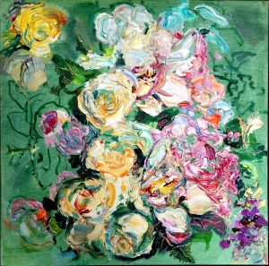 Unfinished Symphony/Julie's Wedding Bouquet, oil on linen, 14 by 14 inches