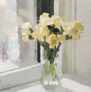First Bloom (2017), oil and pencil on panel, 16 by 16 inches 
