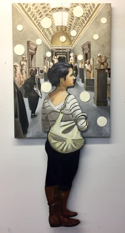 Connecting the Dots (2018), oil on linen (30 by 20 inches) and cutout on foamcoare (40 by 11 inches)