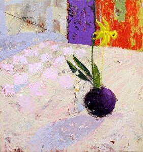 A Daffodil for Lindsay (2016) acrylic and charcoal on paper mounted on panel, 19 by 18 inches